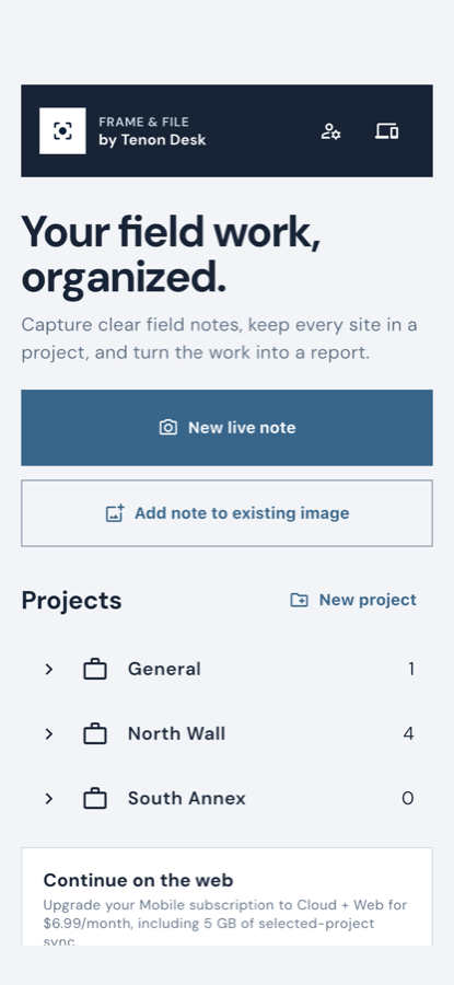 Frame & File app home screen